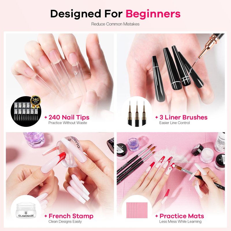 Glamonade Acrylic Nail Kit for Beginners: Professional Nail Set with Drill Acrylic Powder Gel Polish Nail Stamp for Home Starter Practice & DIY Manicure