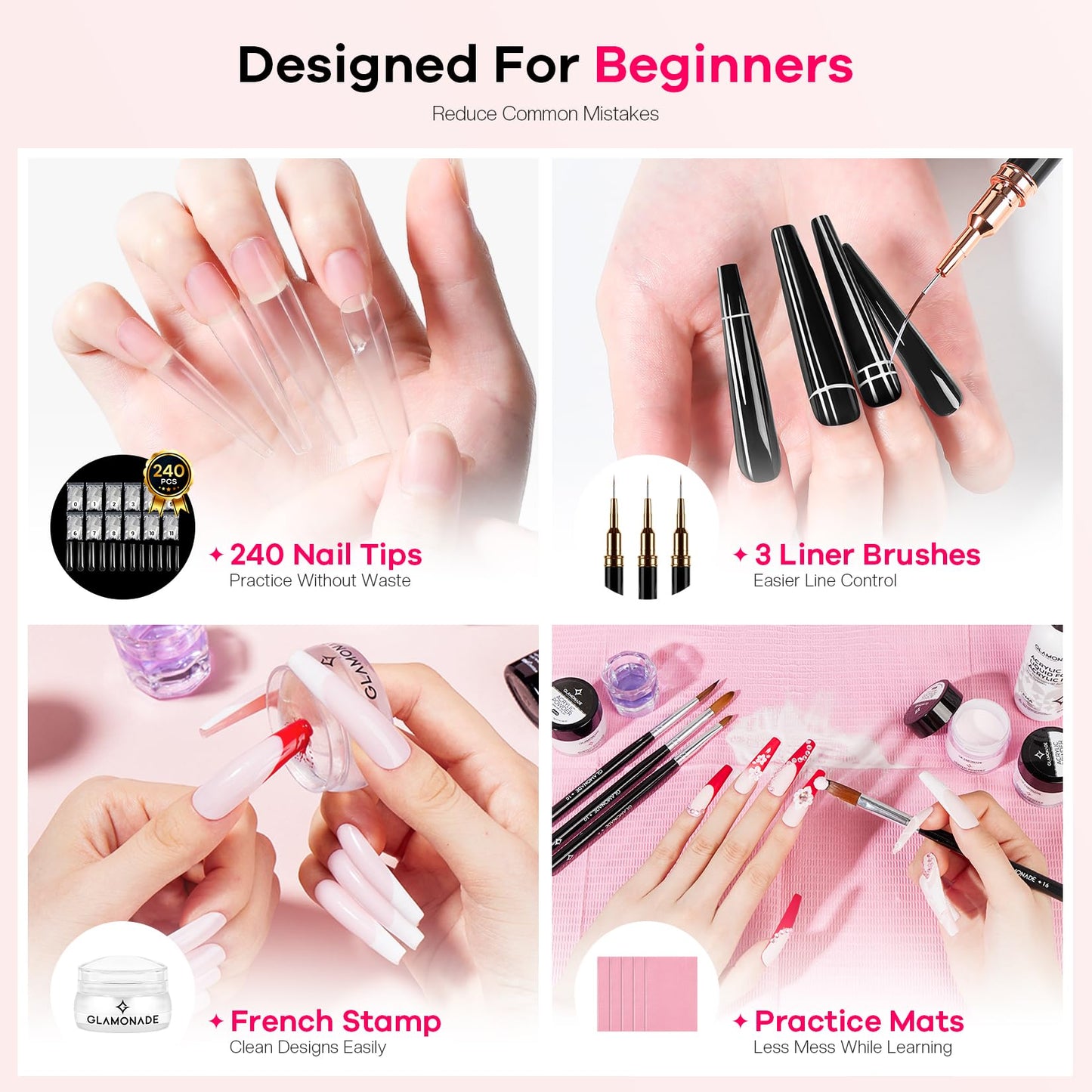 Glamonade Acrylic Nail Kit for Beginners: Professional Nail Set with Drill Acrylic Powder Gel Polish Nail Stamp for Home Starter Practice & DIY Manicure