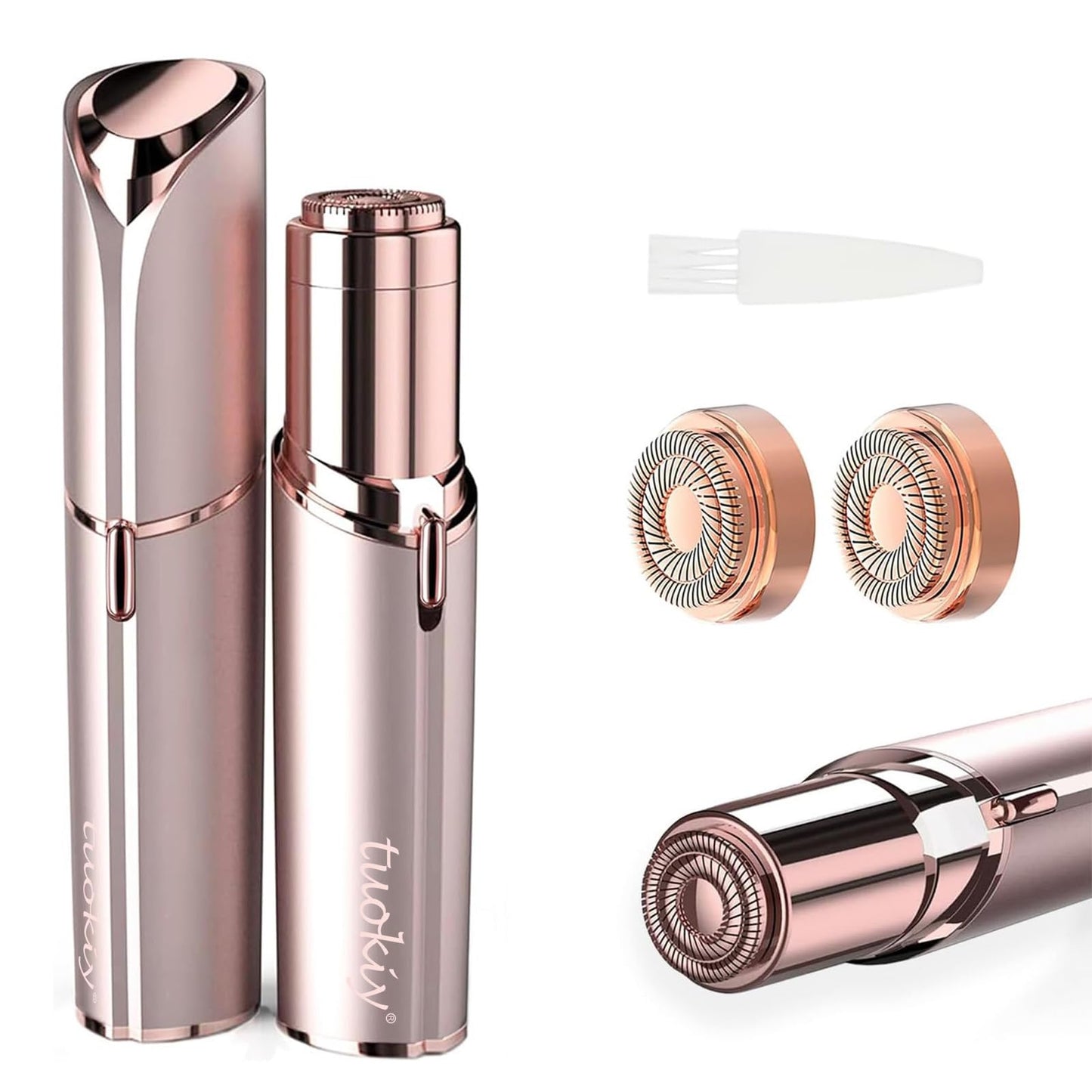 tuokiy Women Facial Hair Removal Device Battery Operated with 2 Replacement Heads,Ladies Face Shaver for Peach Fuzz Upper Lip,Chin, Facial Hair Removal for Women, Rose Gold