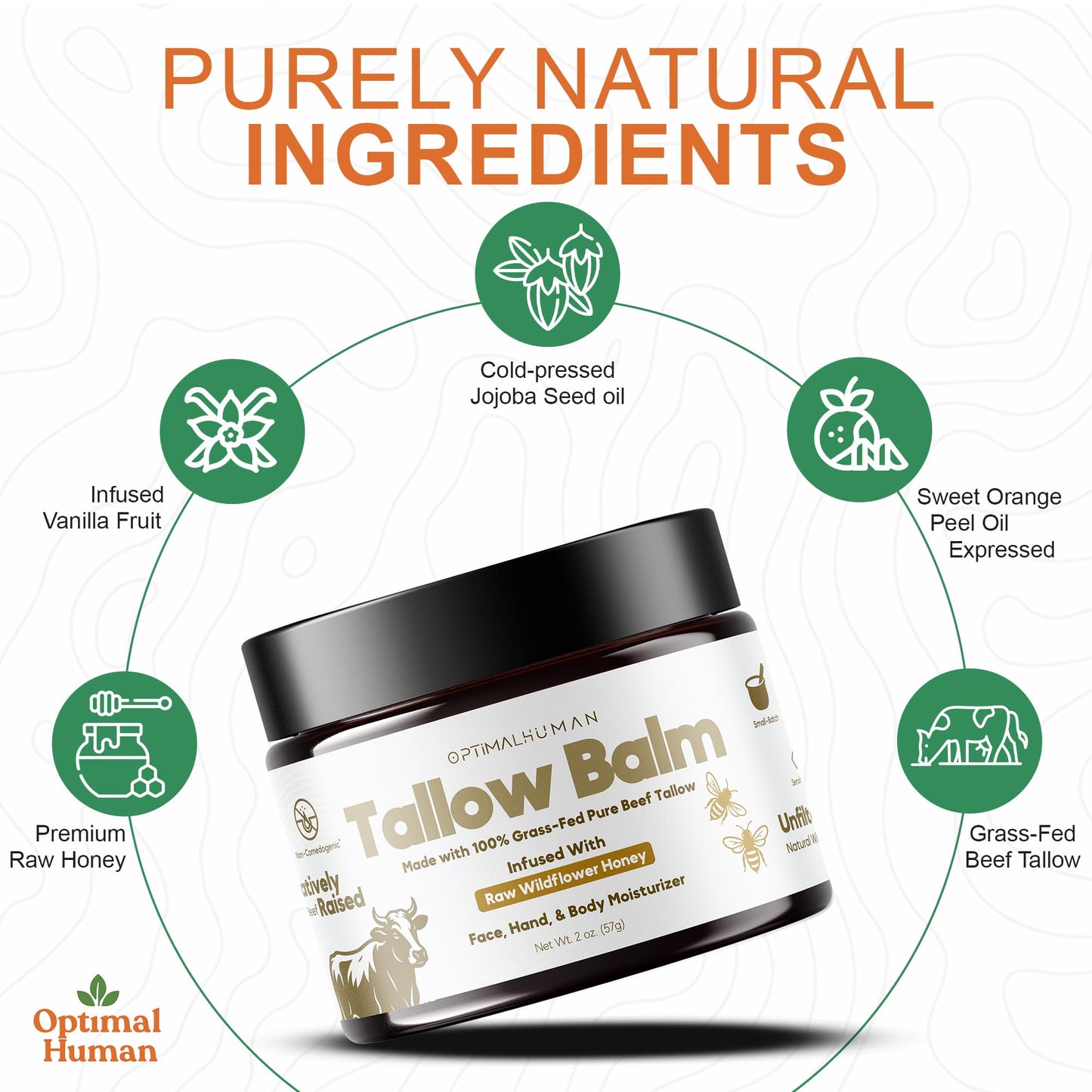 O H OPTIMAL HUMAN Grass-Fed Tallow Balm with Raw Honey, Face & Body - 2 Oz