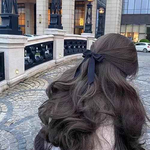 Ribbon Hair Bow Clips for Women and Girls - Black French Barrettes, Large Bowknot Hair Pins and Clips, 2 Pcs