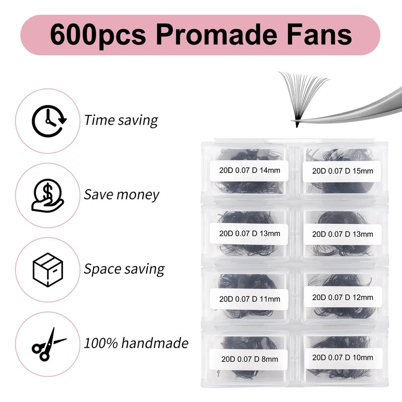 FADLASH 20D Premade Fans Eyelash Extensions - 600pcs Mixed Tray (20D-0.07D-8-15mm) D Curl Volume Lash Extensions