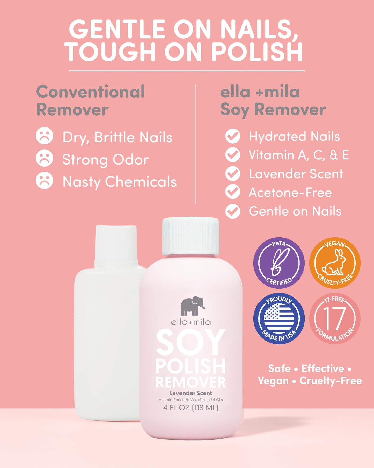 ella+mila Soy Nail Polish Remover - Non-Acetone, Non-Toxic Fingernail Polish Remover for Natural Nails - Gentle, Vegan Formula with Lavender Oil & Vitamins A, C & E (4 fl oz)