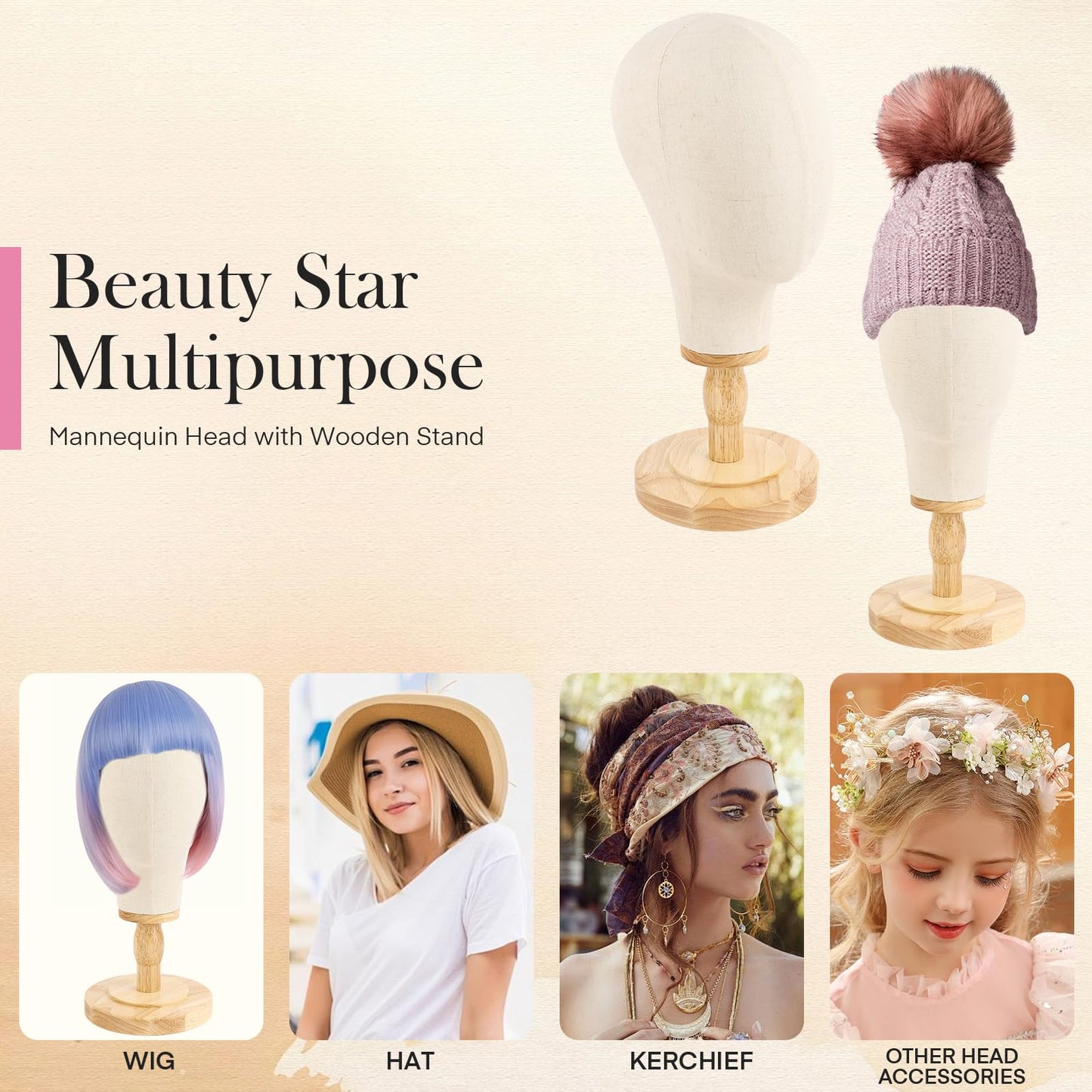 Beauty Star Wig Stand, 22inch Mannequin Head for Wigs with Detachable Strong Wood Base, Canvas Block Wig Head Holder Rack Ideal for Hair Styling, Display Hats, Wig Making, Headdress