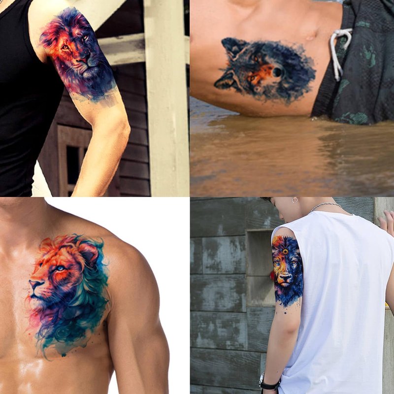 Temporary Tattoos for Adults - 18-Pack Realistic Animal Designs | Long-Lasting 3D Wolf, Lion, Tiger