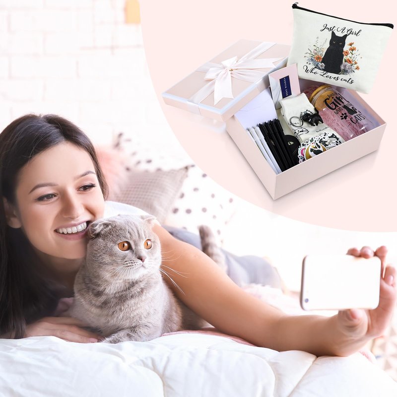 Aliceset 62 Pcs Cat Lover Gifts for Women Sets Include Tote Makeup Bag 18oz Glass Coffee Mugs Socks Pen Keychain Greeting Cards Cat Themed Gifts for Women Friend