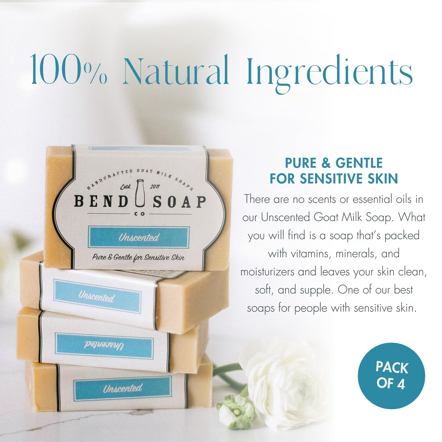 Bend Soap Company Unscented Goat Milk Soap 4 Pack, Fragrance Free Handmade Bar Soap for Sensitive Skin, Dry Skin & Everyday Use, 4.5 oz Bars