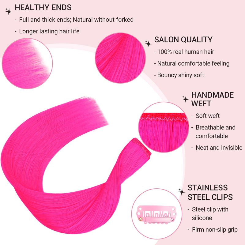 MAXITA Clip in Hair Extensions Real Human Hair,Remy Hair Extensions Clip ins Double Weft for Women,Natural Real Human Hair,18Inch 35g 6Pcs,HotPink