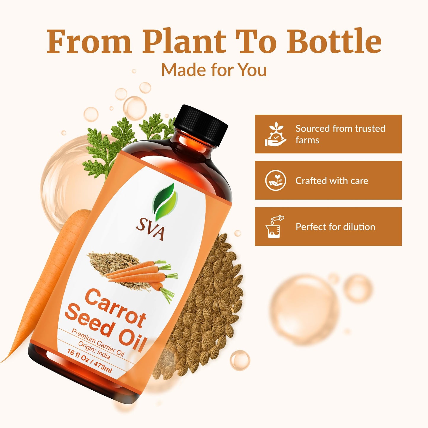 SVA Carrot Seed Oil - 16 Fl Oz – 100% Natural Cold Pressed Carrot Oil - for Face, Skin Care, Hair Care, Scalp Massage & Body Massage – Carrier Oil