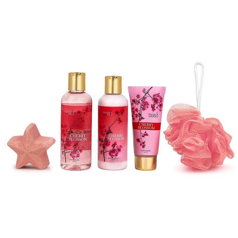 Fragrance Bath & Body Collection Gift Box, Includes Shower Gel, Body Lotion, Body Scrub, Bath Bomb & Sponge (Cherry Blossom Bath & Body Collection)