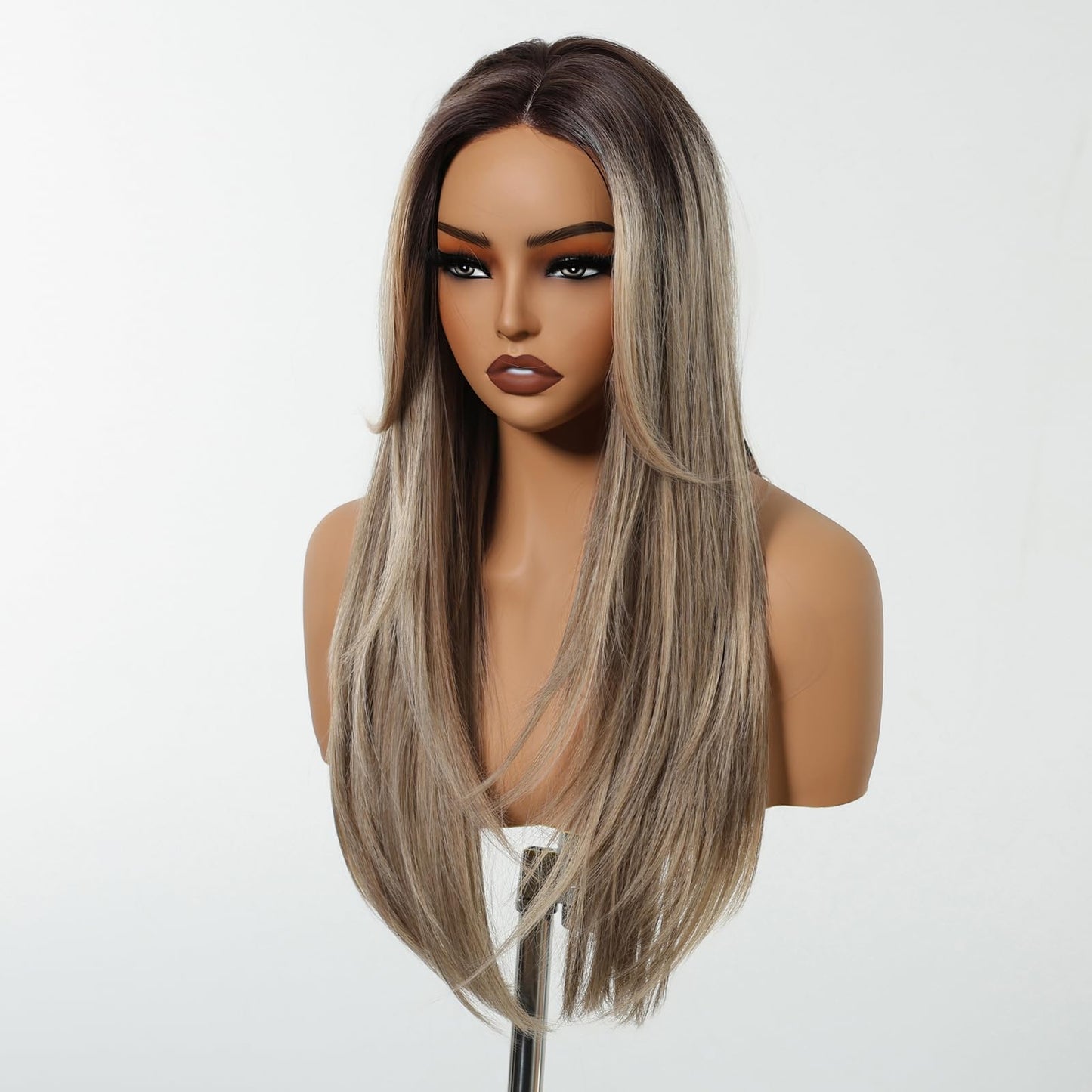 testar Long Straight Gray Wigs for White Women Ombre Sliver Gray Silky Hair Synthetic Middle Part Wigs for Daily Use Lace Closure Natural Hairline 26 IN