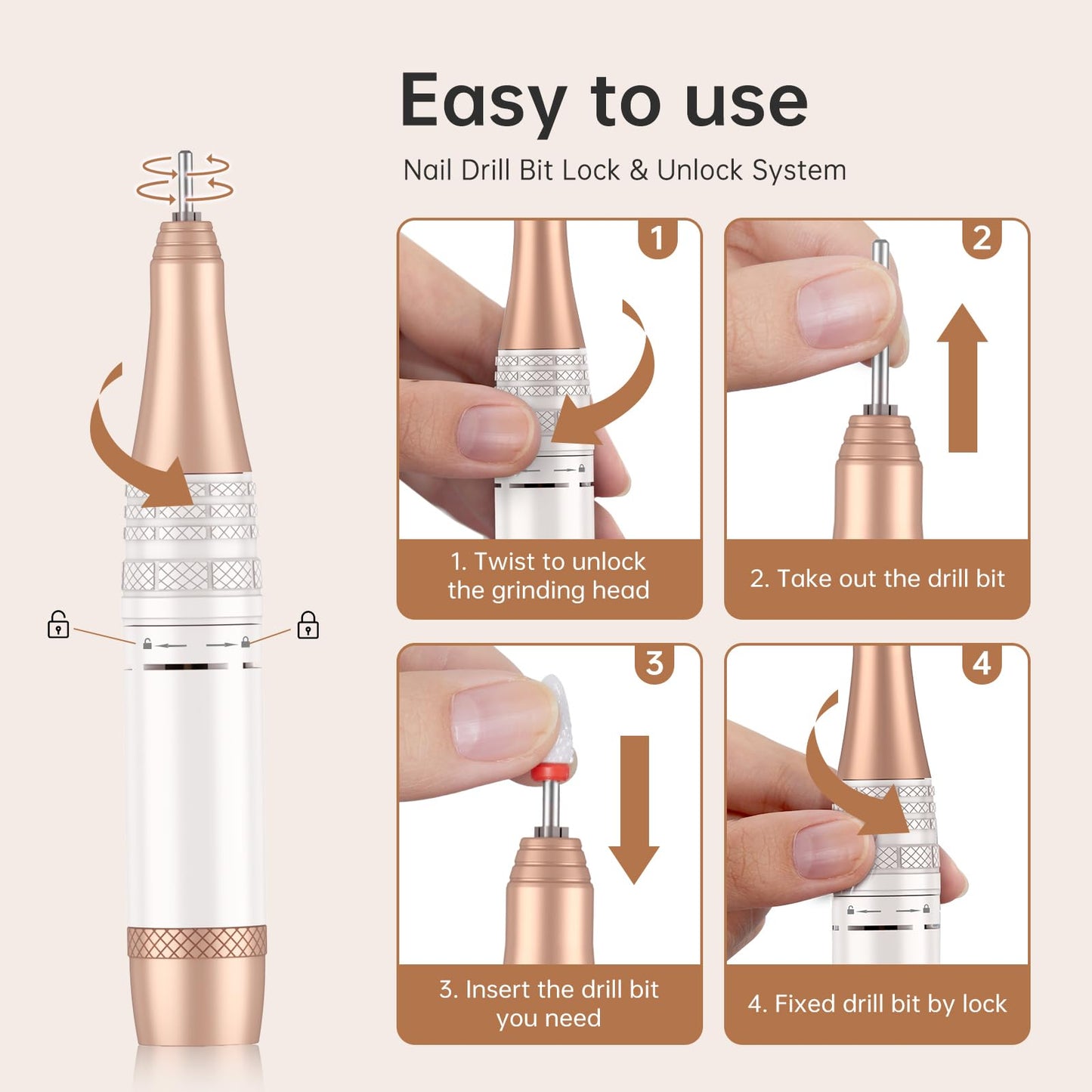 CHRISTINE SHELLY Electric Nail Drill,40000RPM Cordless Nail File Diamond with 12 Drill Bits for Acrylic Nails Gel Polishing,E File Nail Kit Machine for Manicure Salon Home (White)