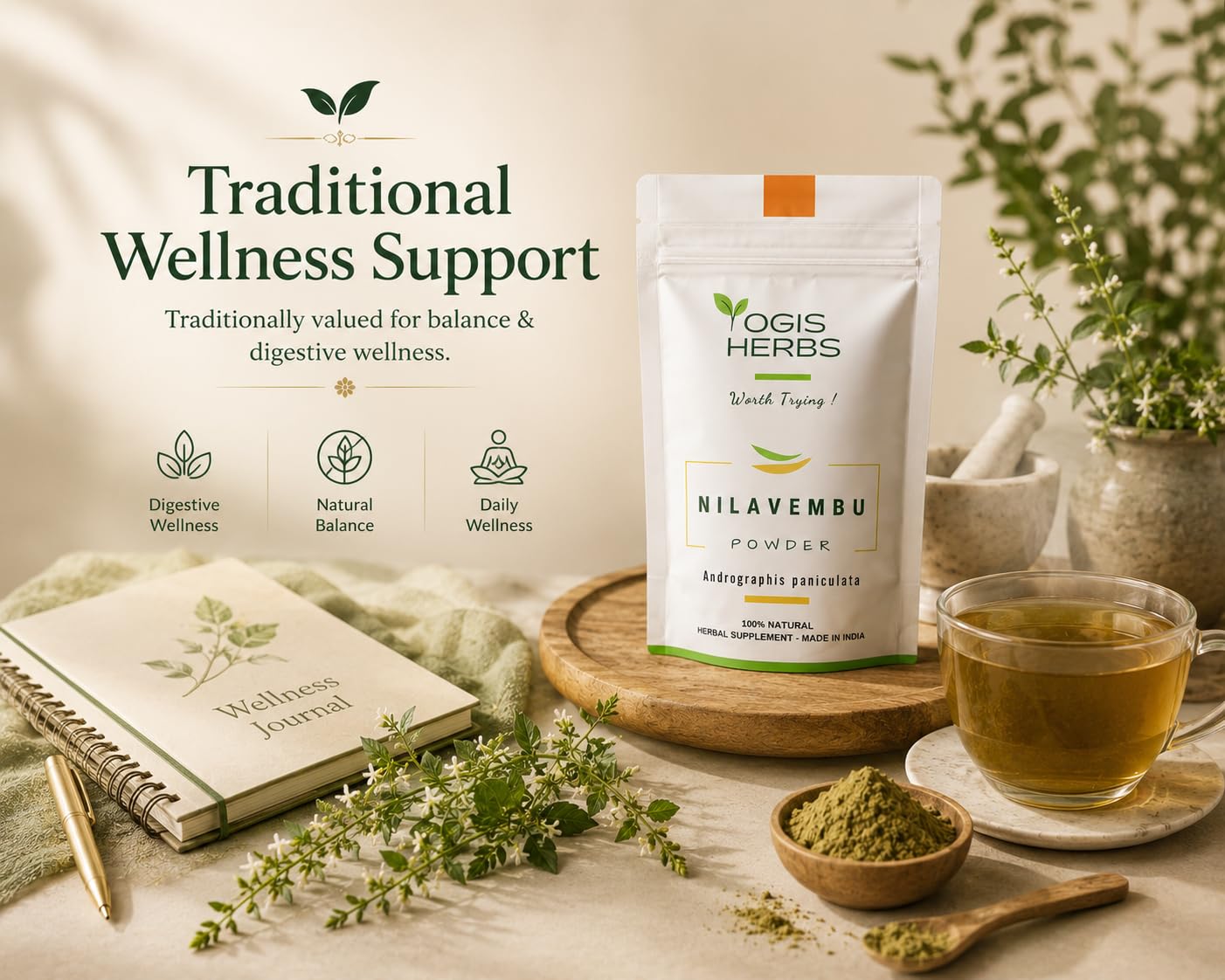 YOGIS HERBS Nilavembu Powder — Andrographis paniculata/Kalmegh/King of Bitters — Traditional Tamil Siddha Herb for Daily Wellness, Seasonal Comfort & Immune-Supporting Routines — Single-Ingredient