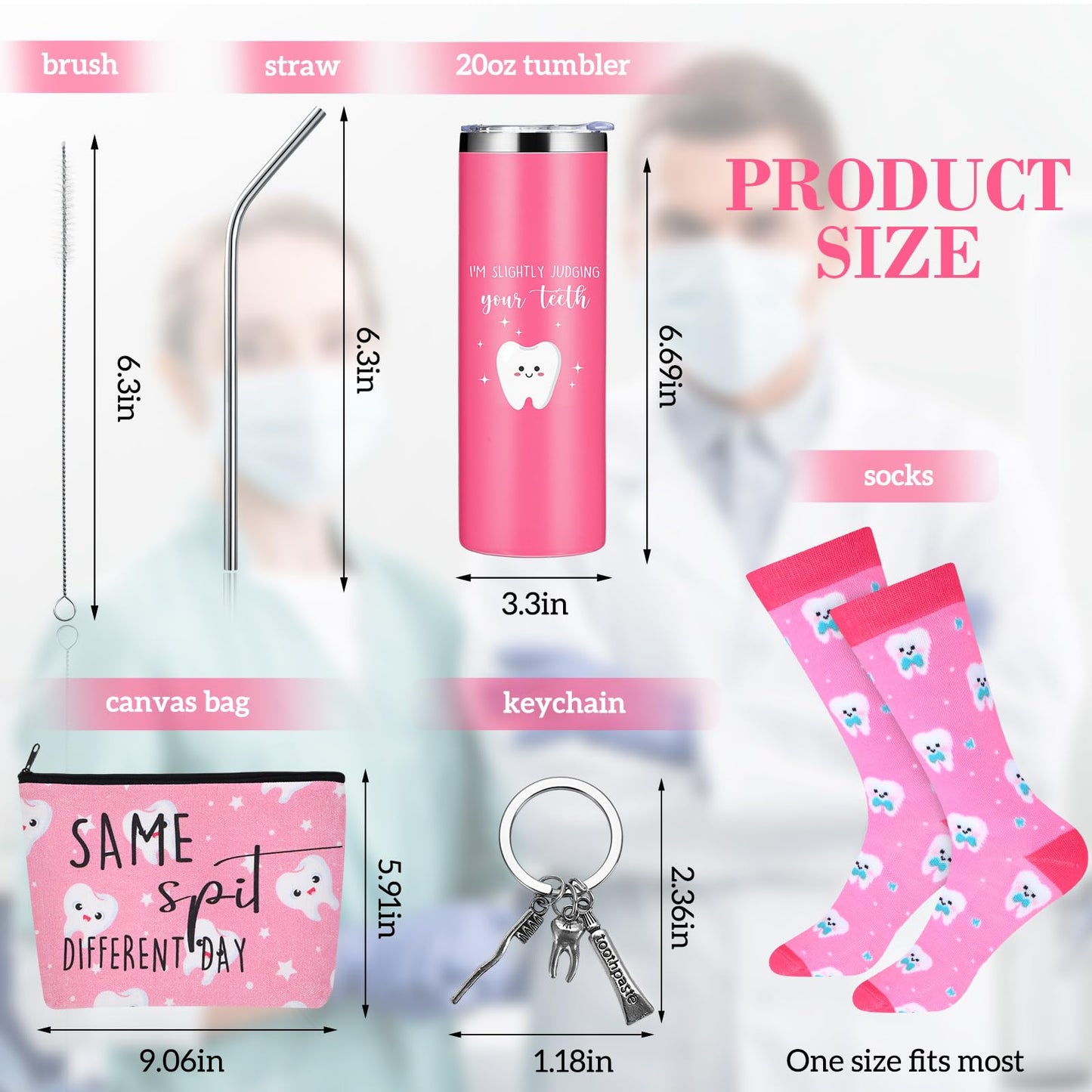 Maxcheck 4 Pcs Teeth Gifts Dental Hygienist Graduation Gifts Bulk 20 oz Stainless Steel Tumbler with Straw Lid Brush Canvas Bag Teeth Socks Dentist Keychain for Nurse Dental Hygienist(Pink)