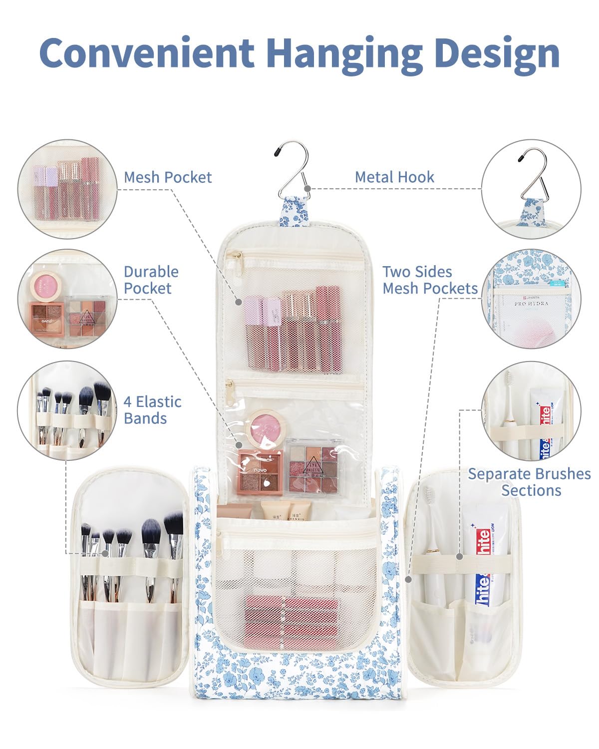Narwey Large Hanging Toiletry Bag for Women Travel Makeup Bag Make up Organizer Toiletries Bag for Cosmetics Essentials Accessories (Large, Blue Flower)