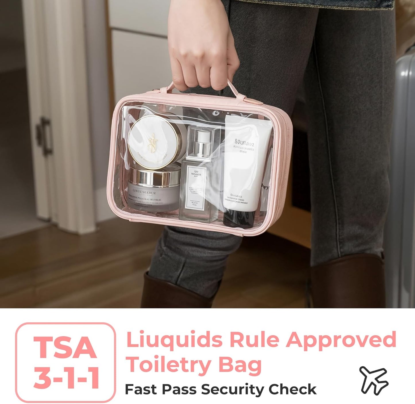 TSA Approved Clear Toiletry Bag - Portable PVC Travel Makeup Organizer | Pink