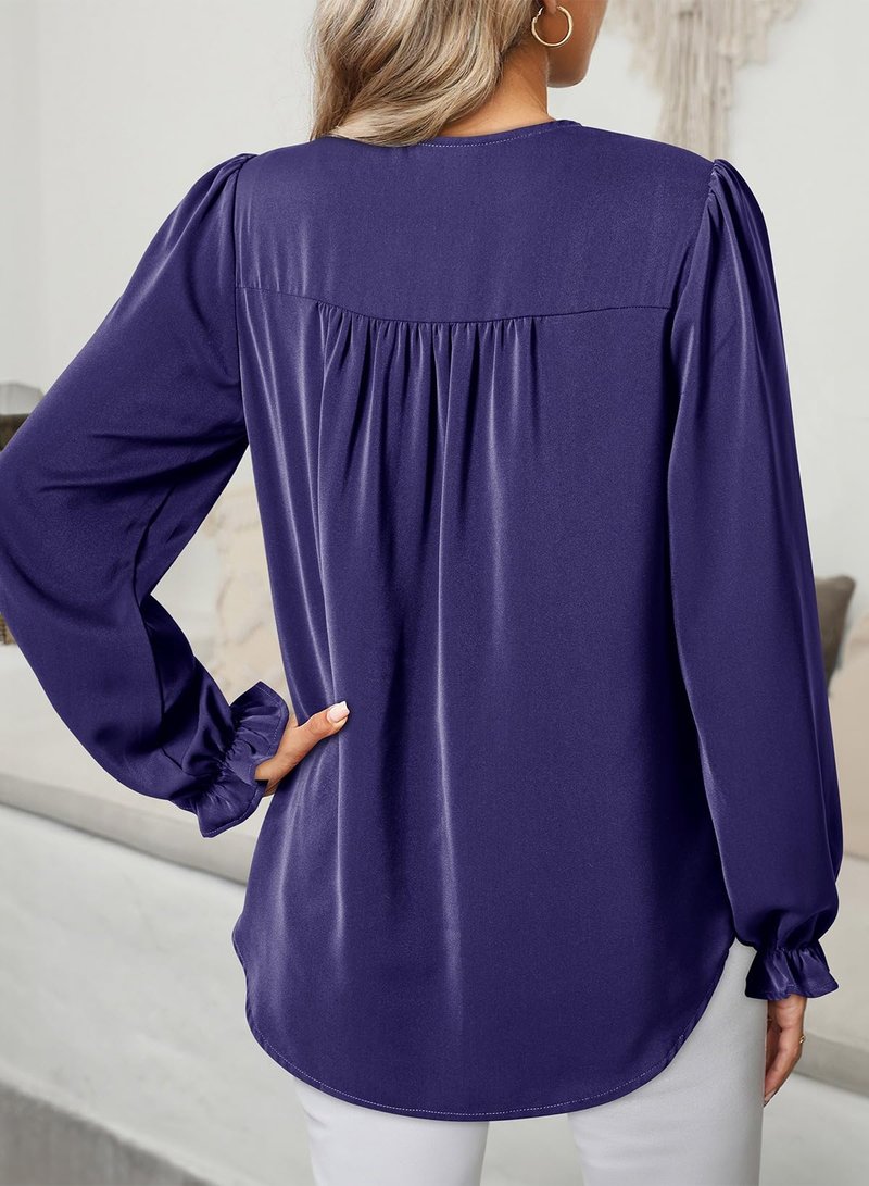 Dokotoo Womens Tops Casual Pleated V Neck Puff Long Sleeve T Shirts Loose Tunic Business Blouse