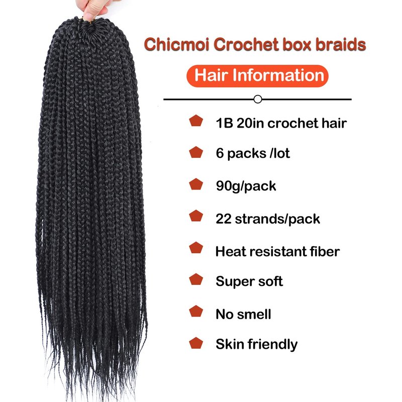 Box Braid Crochet Hair 20 Inch Crochet Box Braids Pre Looped Crochet Braids for Black Women Soft Medium Size Braided Hair Extension 1B Black Color 6 Packs Chicmoi (1B, 20 inch box braids 6 Packs)