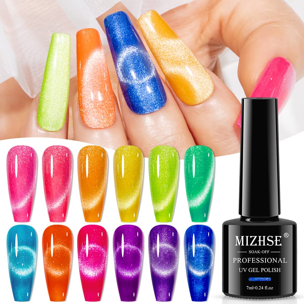 MIZHSE Neon Cat Eye Gel Polish Kit with 3D Metal Stick - 12-Color Glitter Magnetic Gel Polish Set Red Yellow Green Hot Pink Purple - Bright Nail Art Manicure Gift for Women