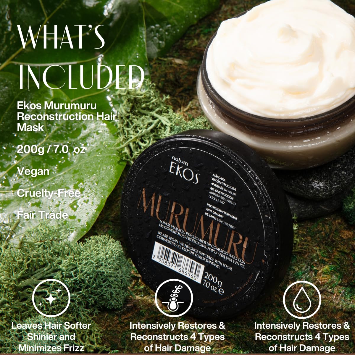 natura Ekos Murumuru Reconstruction Hair Mask - Reduce Breakage & Rebuild Hair Fiber - Intensely Repairs & Protects From Damage -Deep Hydration - Vegan & Cruelty-Free Hair Care - 200g