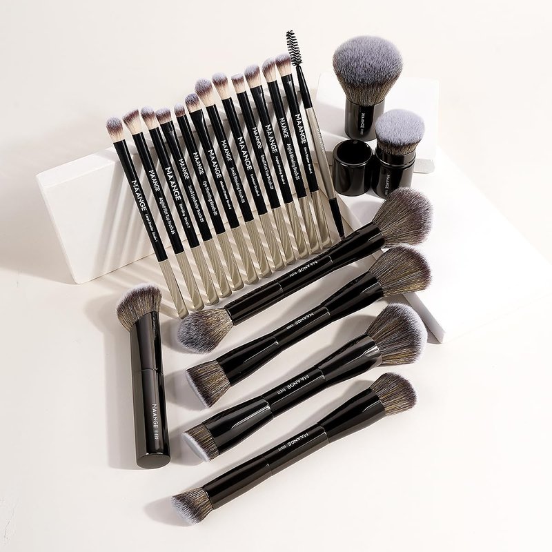 20 PCS Makeup Brush Set - Double-Ended Kabuki & Foundation Brushes | Blending Tools with Bag (Black)