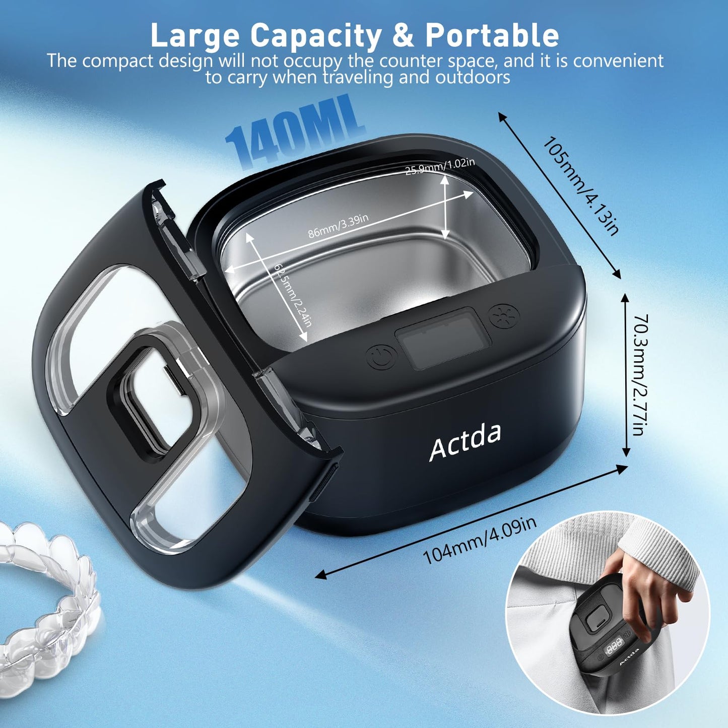 Actda Ultrasonic Retainer Cleaner, Upgraded Wireless Professional Sonic Dental Cleaning Machine, Dental Cleaning Capsule, Night Guard Cleaner for Dentures,