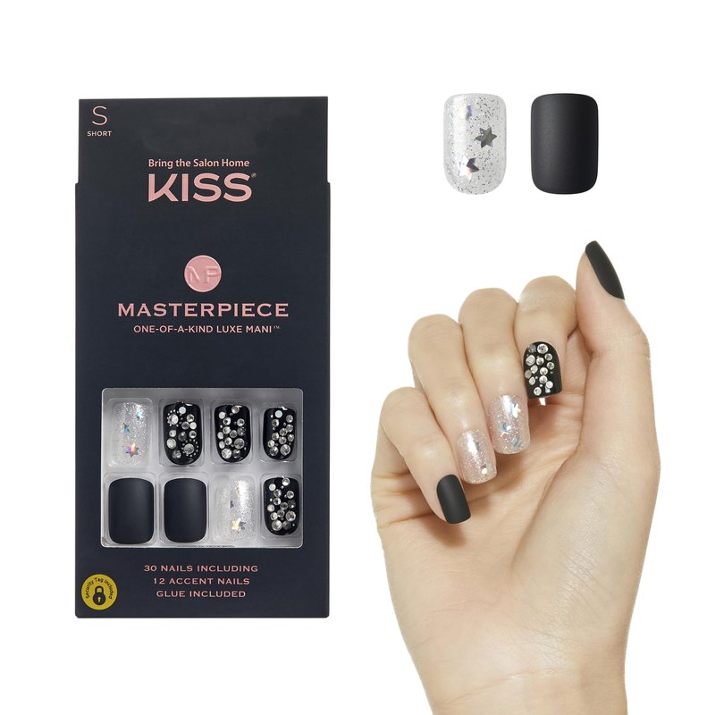 KISS Masterpiece One-Of-A-Kind Luxe Manicure – Short, Square - Show My Throne, Waterproof, Durable, Flexible, No Damage, Trendy & Intricate Nail Art From Home, Lasts Up to 7 Days | 30 Count