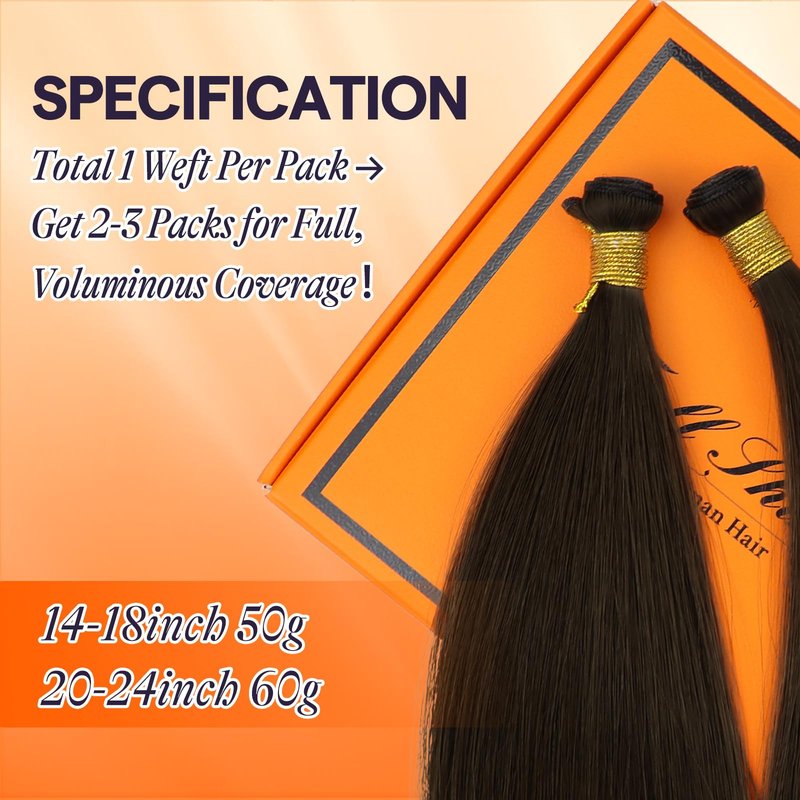 Full Shine Hand Tied Weft Hair Extensions for Fashion Women Sew in Human Hair Straight Remy Weft Extensions Remy Human Hair Full Head Dark Brown 50 Gram 18 Inch