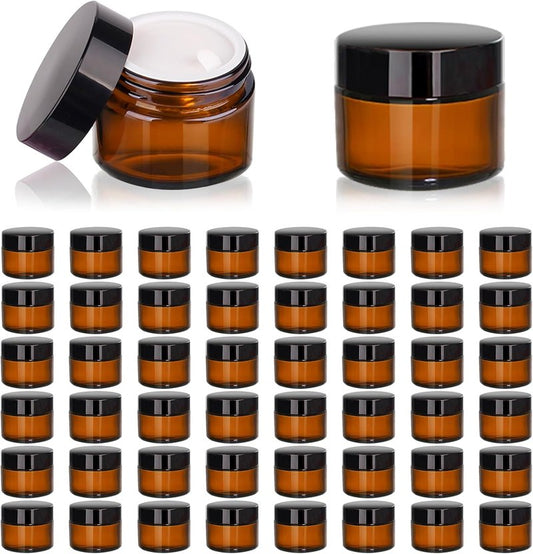Amber Glass Jars - 2oz Sample Containers for Lotions, Moisturizers, Lip Balm | 48 Pack