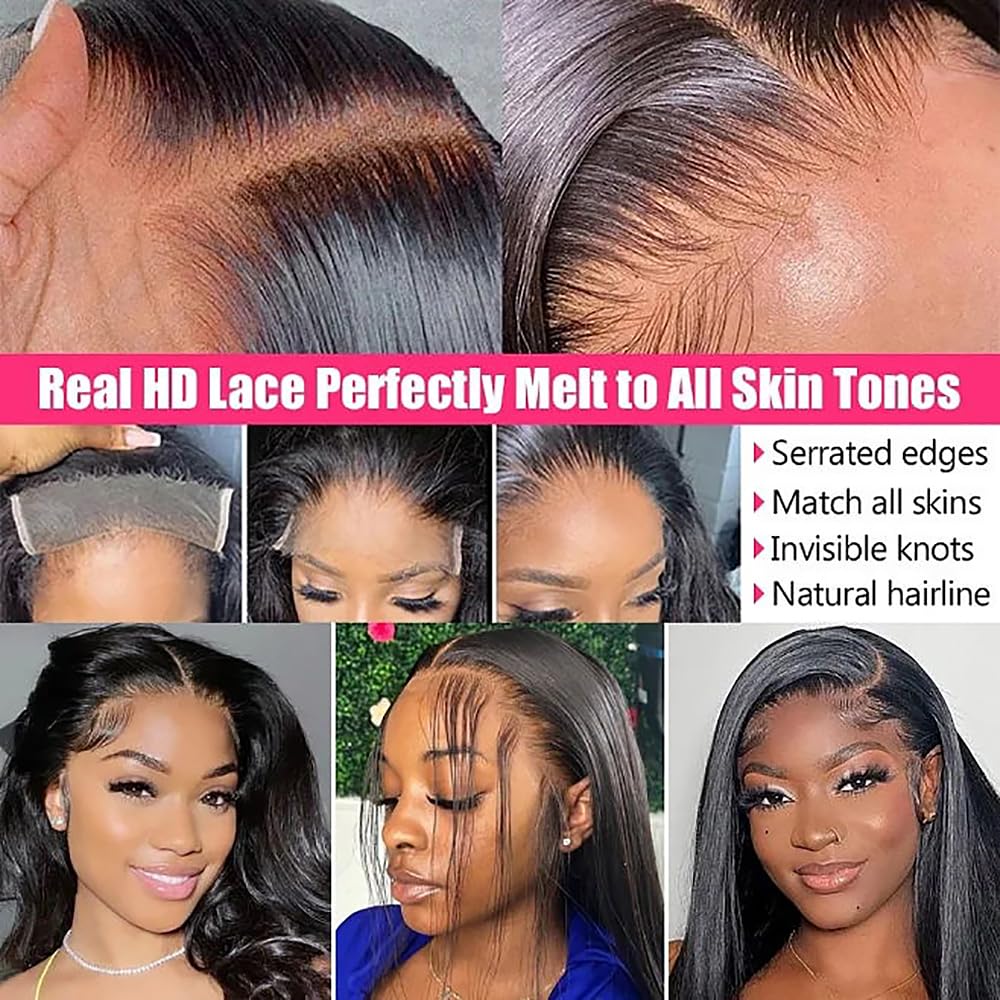 4X4 Straight HD Lace Closure Human Hair Extensions 12A Brazilian Virgin Remy 100% Unprocessed Human Hair Frontal Free Part Closure Only Pre Plucked With Baby Hair Natural Black 14 Inch
