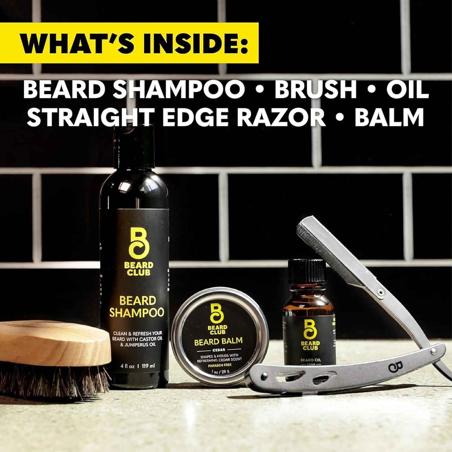 The Beard Club Beard Care Kit & Mens Grooming Kit - Essentials for a Healthier Looking, Stylish Facial Hair - Straight Edge Razor, Shampoo, Cedar Balm & Oil, and Boar Bristle Brush