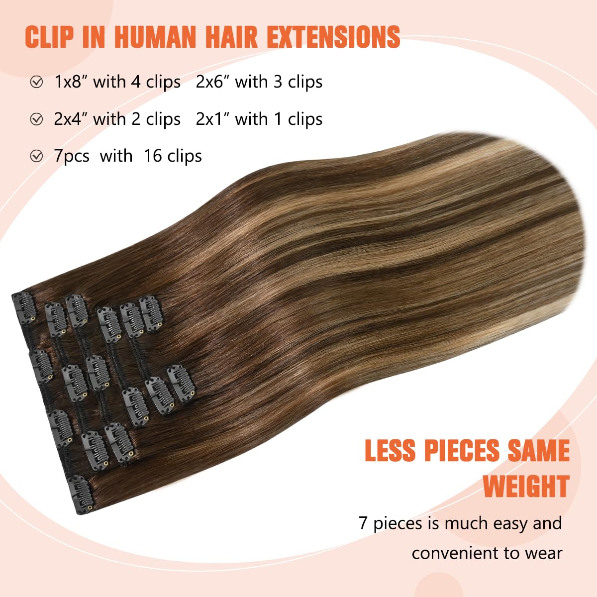 UGOTRAYS Balayage Hair Extensions Real Human Hair, Ombre Medium Brown Fading to Caramel Blonde 12 inches 70g Highlights 100% Human Hair Natural Straight Woman Beauty Clip ins #4/27/4