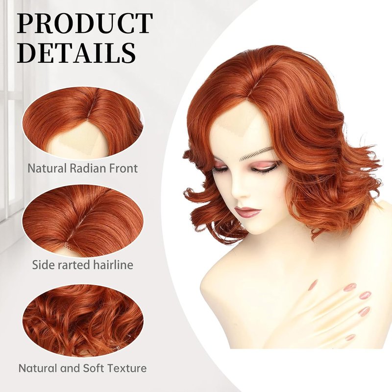 Short Lace Wavy Copper Red Wig for Women - Natural Synthetic Curly Hair, 14 Inch