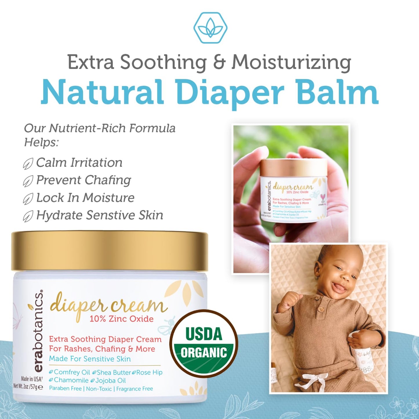Diaper Rash Cream for Baby - Extra Soothing Zinc Oxide & Organic Aloe Vera | Gentle Moisturizer with Chamomile & Calendula