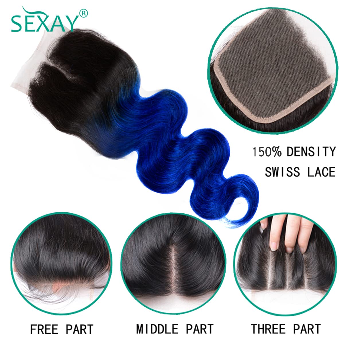 SEXAY Blue Closure 4x4 Lace Closure 100% Human Hair Brazilian Body Weaving ombre blue Color Virgin Hair Closure(18inch Blue)