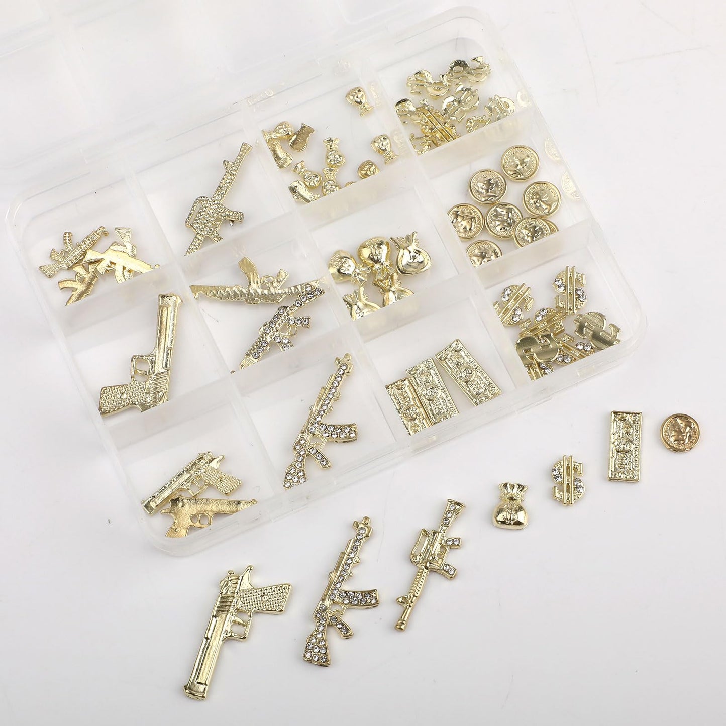 62pcs 3D Nail Charms, Gold Alloy Gun & Dollar Money Fingernail Gems Jewelry Decoration Accessories Supplies for Women Girls Manicure Design DIY Art Crafts