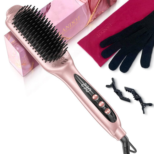 LANDOT Ionic Hair Straightener Brush – Ceramic Straightening Brush with 12 Heat Settings (250-450°F) for Smooth & Shiny Results, Ideal for Medium & Long Women Hair, Dual Voltage, Rose Gold