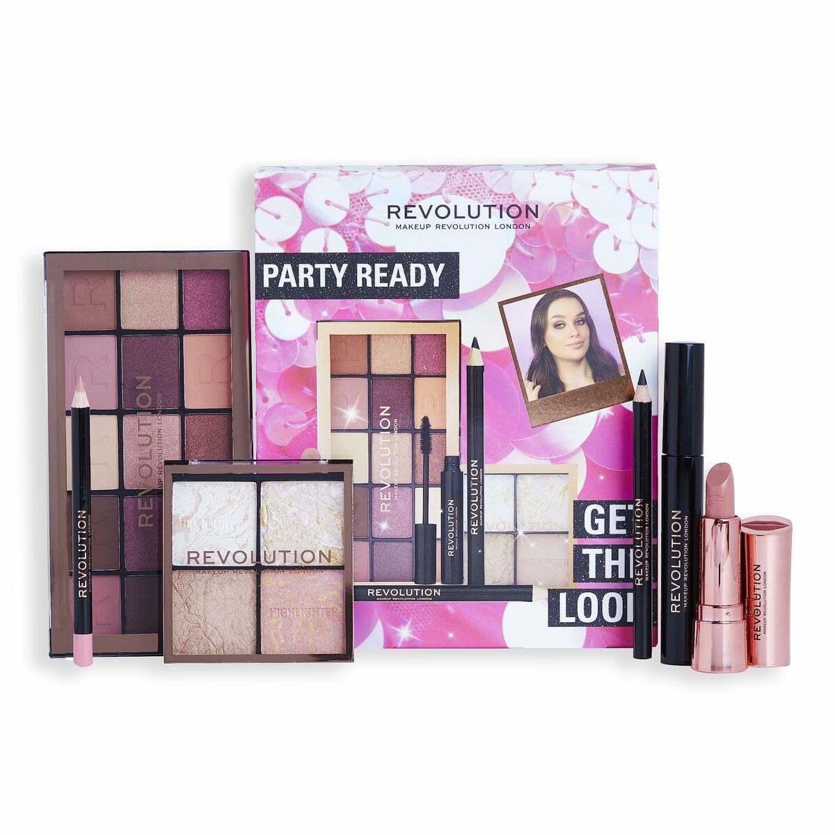 Makeup Revolution Get The Look Gift Set - Party-Ready Eye Palette, Eyeliner, Lipstick, Mascara & Highlighter | Various Shades