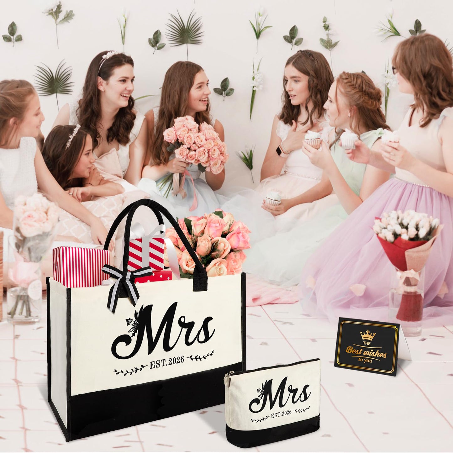 Mrs 2026 Bride Canvas Tote Bag with Makeup Bag, Wedding Bridal Shower Gifts