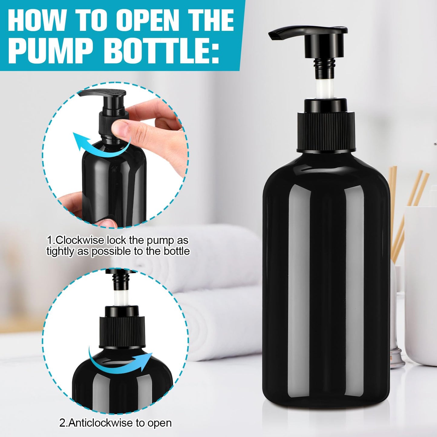 CroBlissful 24 Pcs Empty Plastic Pump Bottles 8oz Refillable Lotion Pump Bottle Containers with Dispenser for Shampoo, Conditioner, Face Cream, Massage Oil, Liquid Soap (Black)