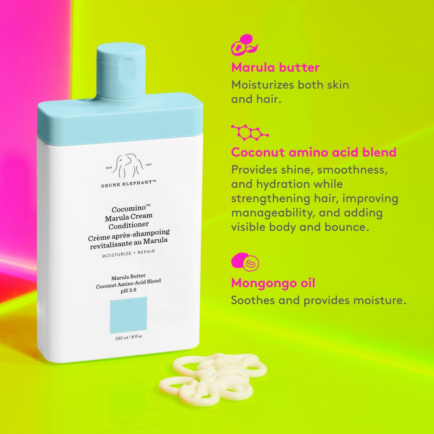 Drunk Elephant Cocomino Marula Cream Conditioner - 240 ml/8 fl oz - Coconut Amino Acids - Clean Clinical - Sulfate-Free - Cruelty-Free - Dermatologist-Tested - Free of Essential Oils, Silicones, SLS