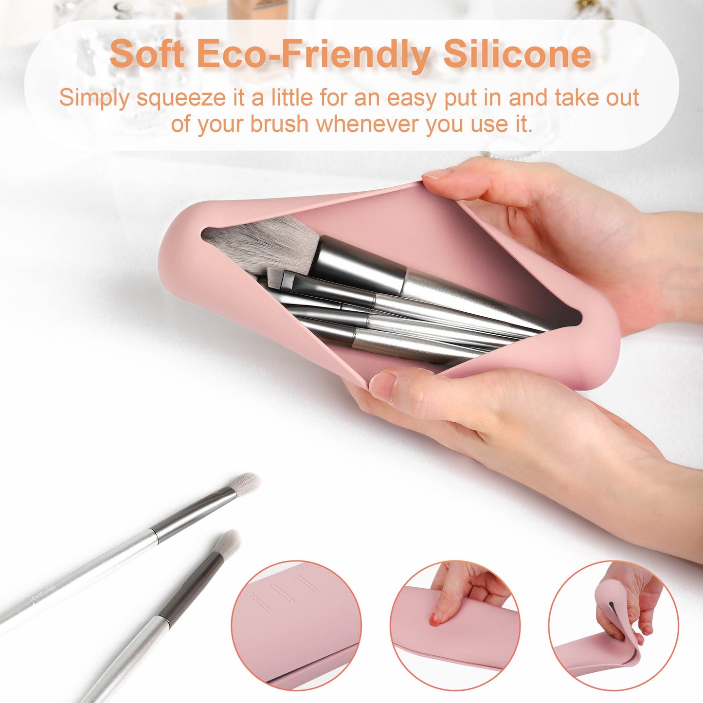 FERYES Travel Makeup Sponge Brush Holder, Soft Silicone Beauty Make Up Brush Blender Case Organizer for Travel- Pink