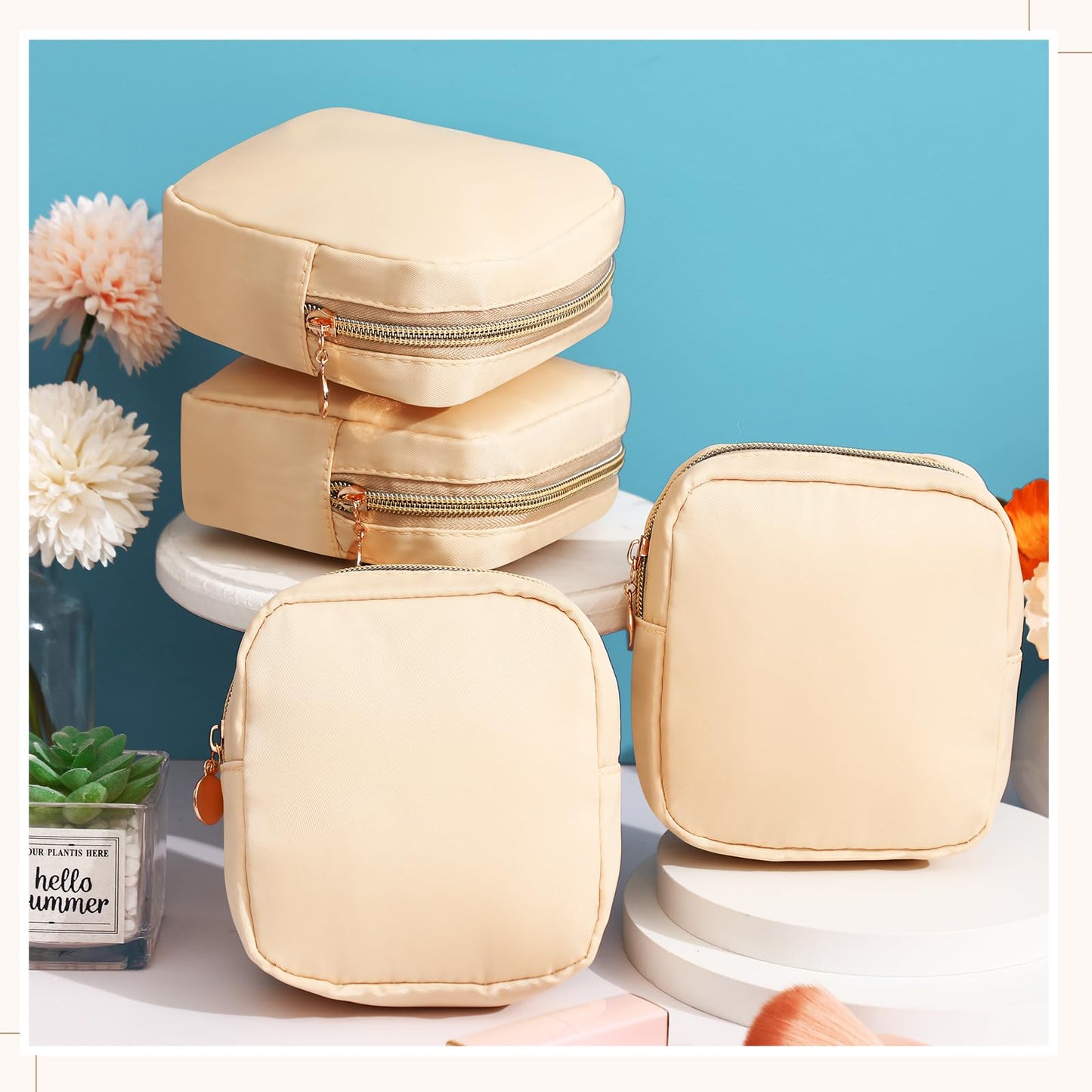 Kacctyen 12 Pcs Mini Makeup Bag Nylon Small Pouch for Purse Mini Square Nylon Pouch with Zipper Small Cosmetic Travel Makeup Bag Purse Organizer for Women(Beige Color,Regular)