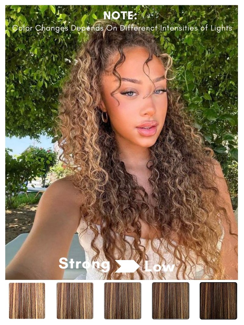 AUROO Honey Blonde Highlight Deep Wave Closure Only Human Hair, 100% Hand Tied 12A Brazilian Virgin 4x4 HD Transparent Lace Closure Pre Plucked P4/27 Ombre Brown Curly Lace Closure Sew In Remy 14 Inch