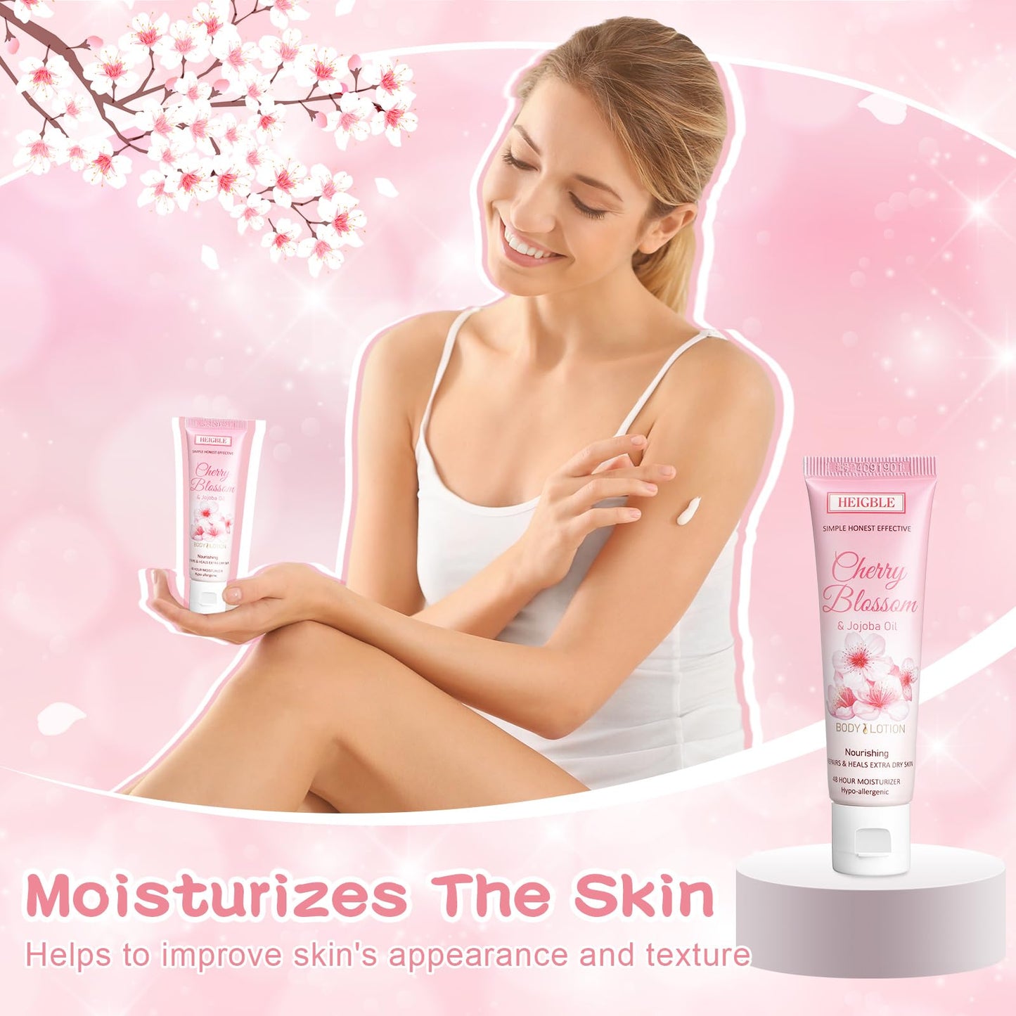 Heigble 50 Pack Travel Size Body Lotion 1 oz Body Lotion Dry Skin Moisturizer with Flip Cap for Extra Dry Skin, Hotels, Airlines, Offices, Gyms(Cherry Blossom and Jojoba Oil)