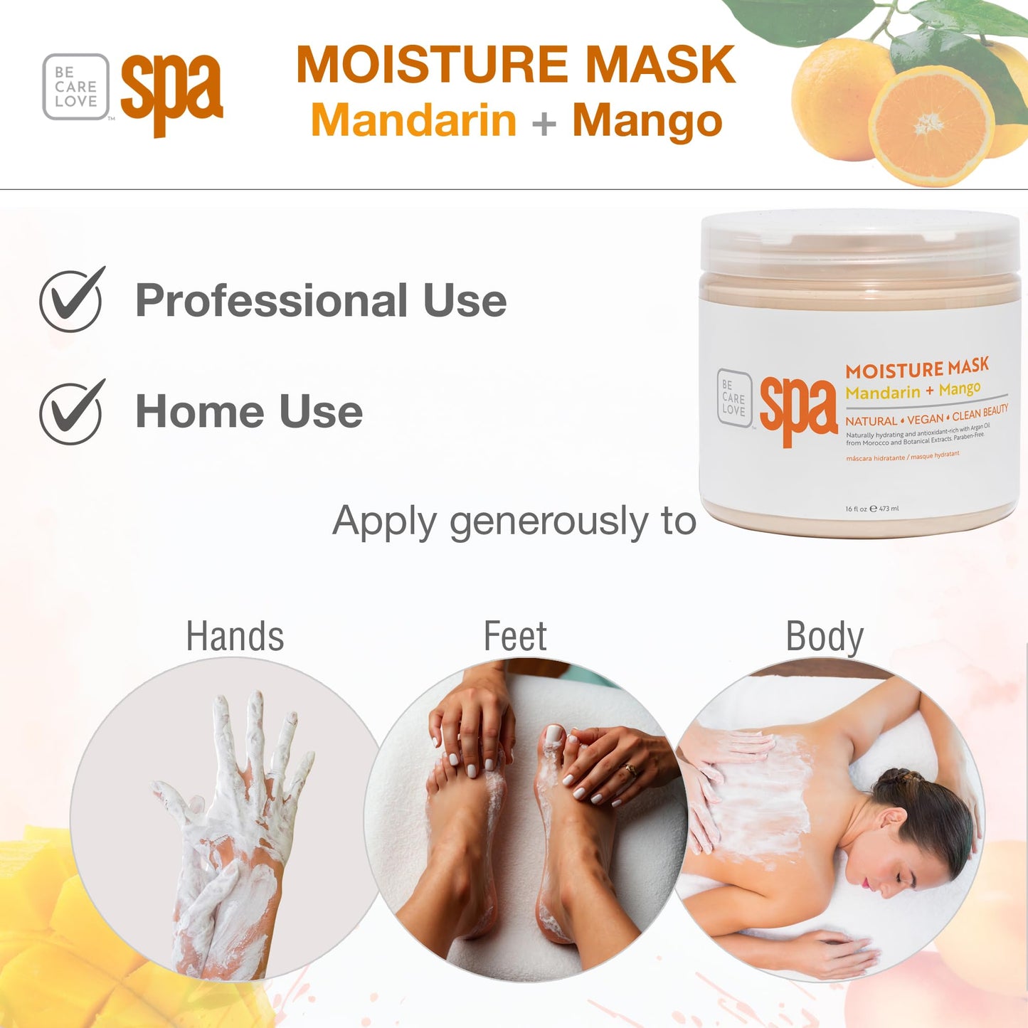 BCL SPA Organic Mandarin and Mango moisture mask for hands, foot mask, and body mask skin care spa treatment, home or professional use with argan oil, olive oil, aloe vera, cucumber, and kelp 16 fl oz