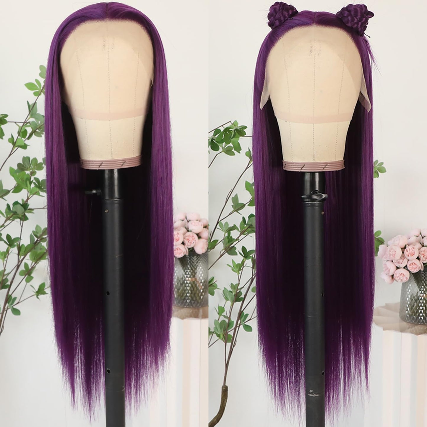 Lezaxiu Purple Lace Front Wigs Long Straight Glueless Dark Purple Wigs Pre Plucked Ready to Wear Wigs Heat Resistant Synthetic Lace Front Wig for Black Women Natural Hairline
