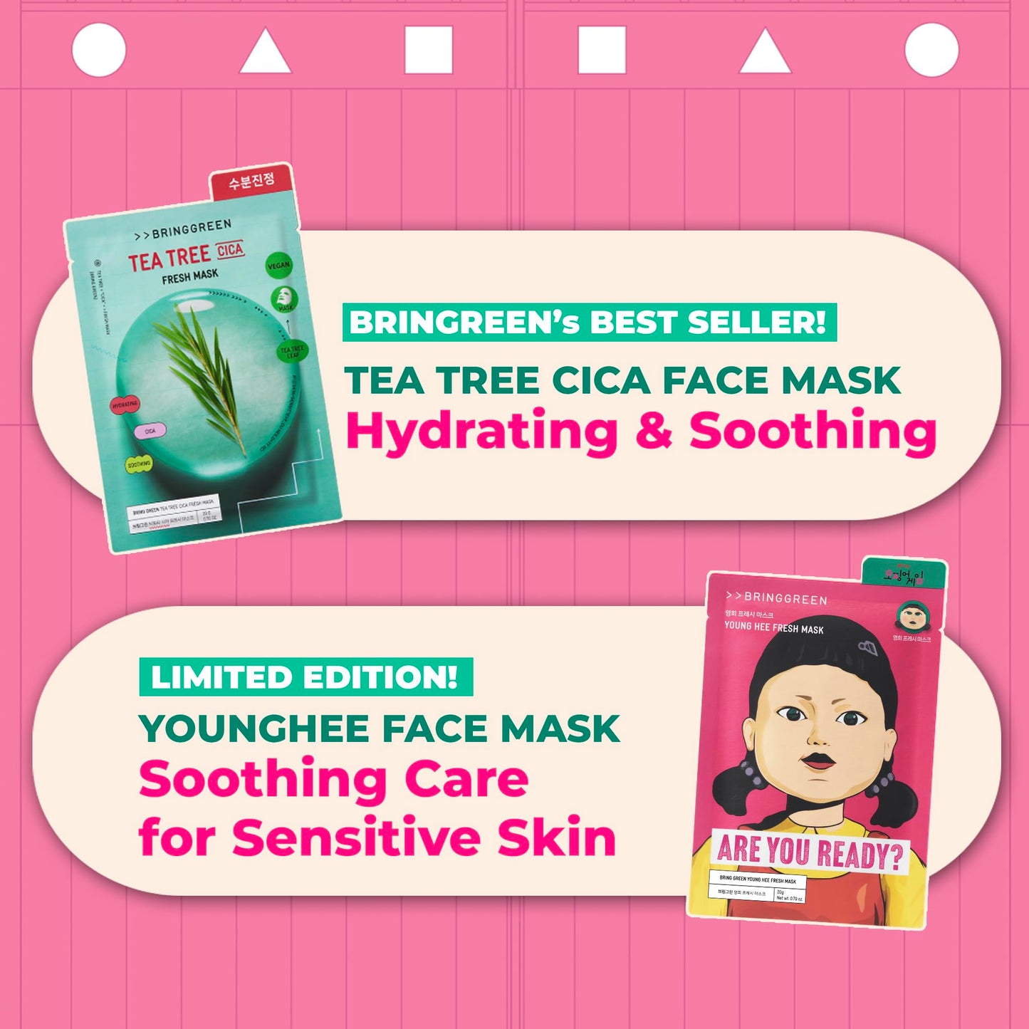 BRING GREEN Fresh Facial Sheet Mask Set 10 Sheets, Tea Tree Cica Soothing & Hydrating Face Mask for Sensitive Skin