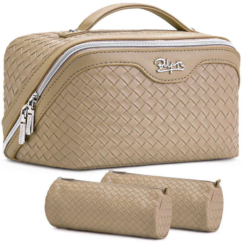 BOYATU Travel Makeup Bag Cosmetic Bags for Women: Large Capacity 3 Pcs Set Make up Bag with Compartments - Waterproof Vegan Leather Toiletry Organizer Bags with Handle (L12 Apricot)