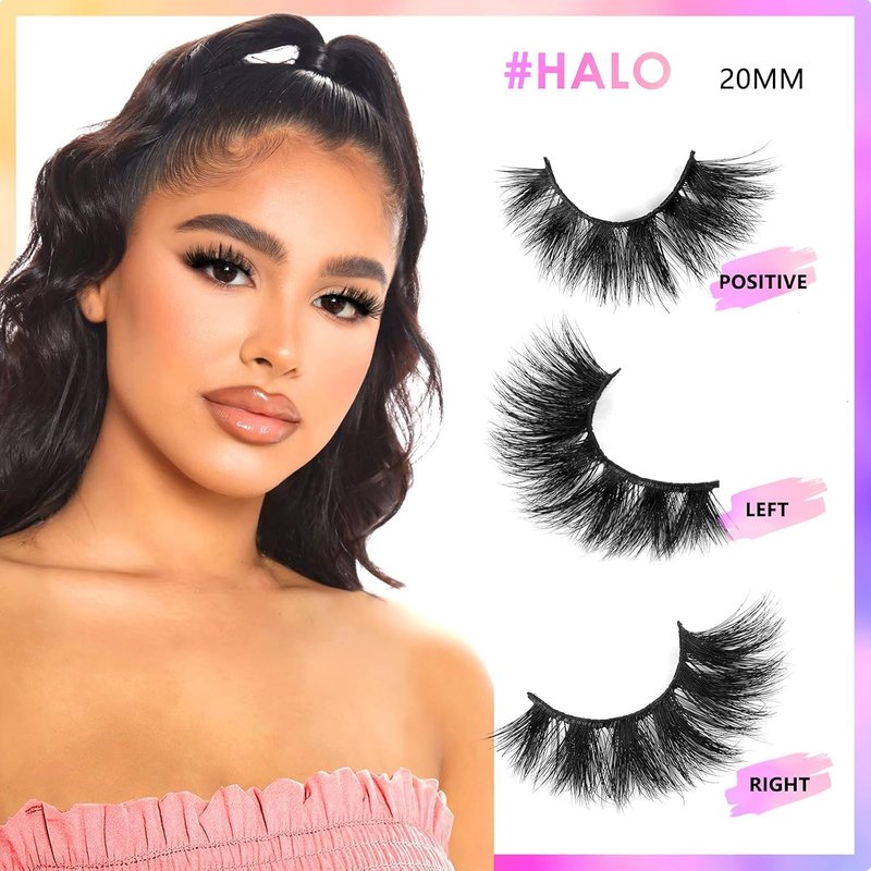 20mm Halo Mink Lashes - 3D Cat Eye False Eyelashes, Fluffy & Dramatic, Soft Reusable Strip Lashes